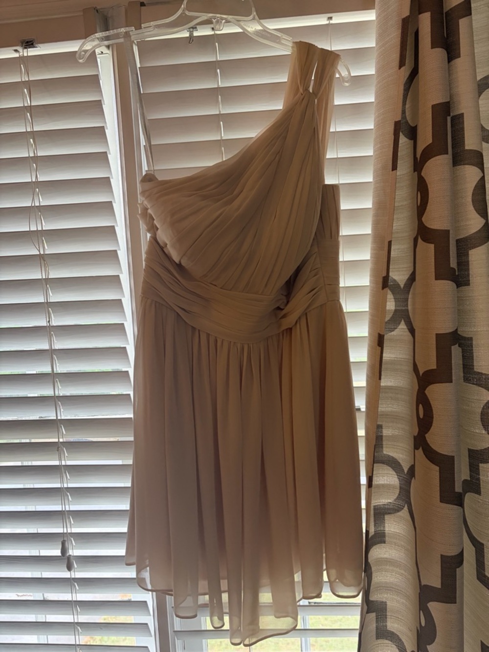 Bill Levkoff One-Shoulder Pleated Chiffon Dress in Beige